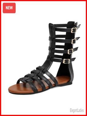 Faux Leather Gladiator Sandals with Bat-Wing Buckles Back Zipper